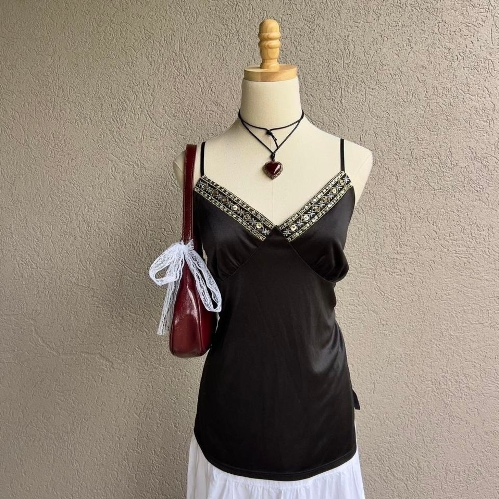 Vintage Y2K‎ Xhilaration Black Beaded Babydoll Top Cami Size Large Glam
